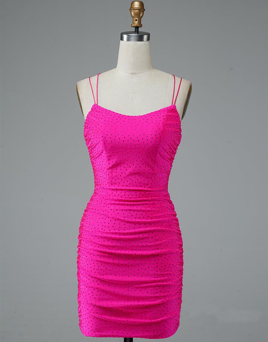 Vestido corto de fiesta rosa intenso con tirantes finos y encaje PD437