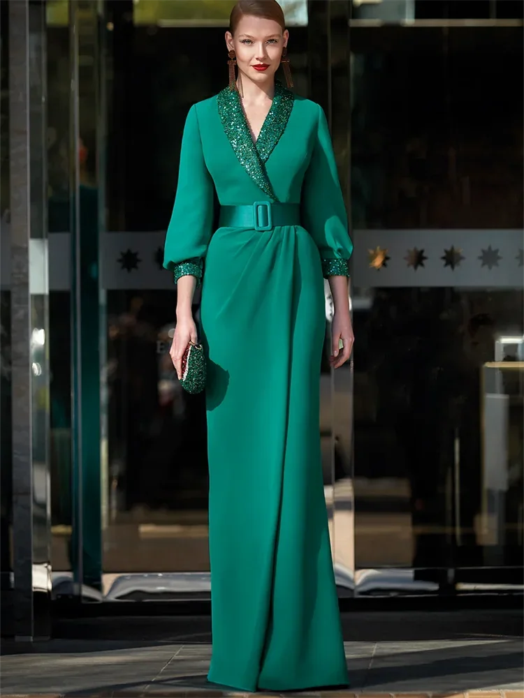Ladies Elegant Long sleeved Straight V-neck Sparkling Satin Luxury Women's Robe Party Prom Formal Occasion-payinti