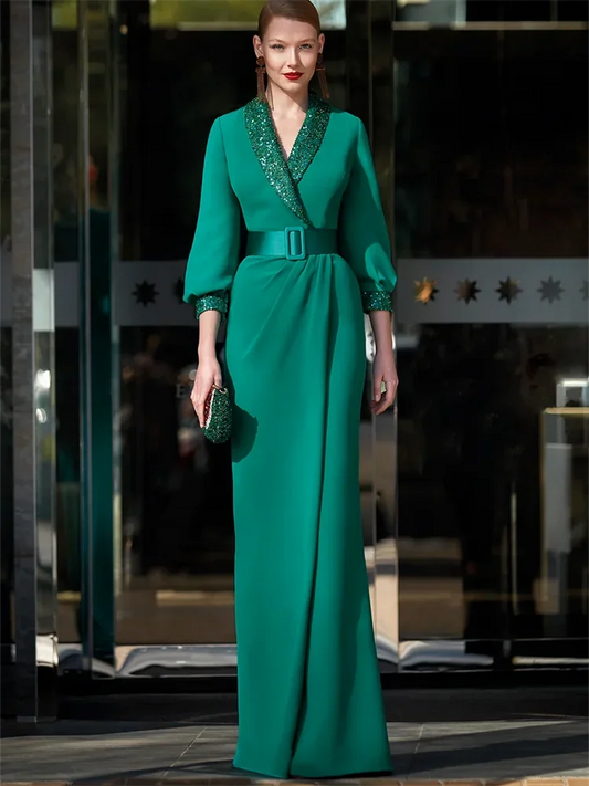 Ladies Elegant Long sleeved Straight V-neck Sparkling Satin Luxury Women's Robe Party Prom Formal Occasion-payinti