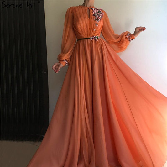 Neueste Pfirsich Laterne Lange Ärmel Abendkleider Design 2025 Blumen Diamant A-Linie Abendkleid LA70022 