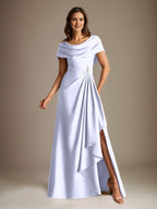 Vestido de madre de la novia de satén elástico, corte A, largo hasta el suelo, con escote redondo y volantes en cascada