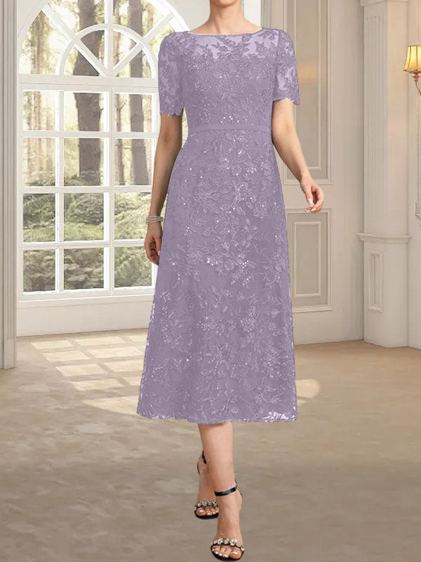 Vestido de madre de la novia de encaje con lentejuelas, corte A, escote ilusión y largo hasta la rodilla