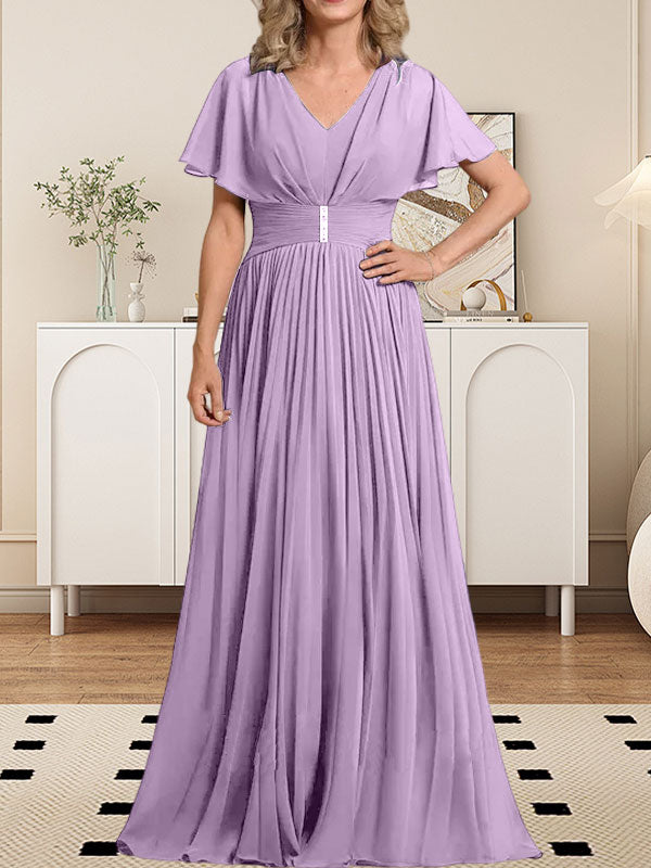 Vestido de gasa para madre de la novia, corte A, escote en V, largo hasta el suelo, con broche de cristal y plisado