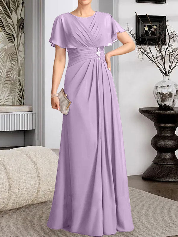 Vestido de gasa para madre de la novia con corte en A, escote redondo y largo hasta el suelo, con cuentas plisadas