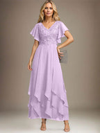 Vestido de gasa con encaje y escote en V hasta los tobillos para madre de la novia con volantes en cascada