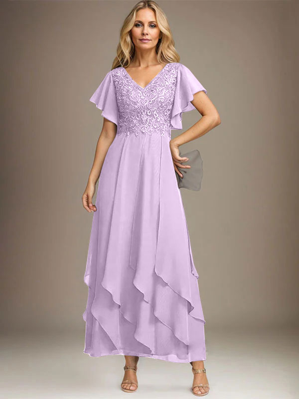 Vestido de gasa con encaje y escote en V hasta los tobillos para madre de la novia con volantes en cascada