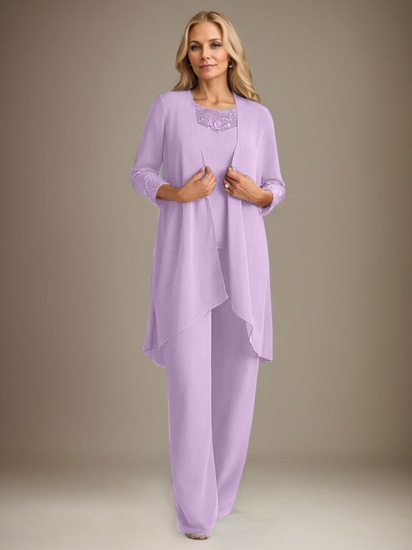 Trajes de gasa con mangas largas y escote redondo para madre de la novia con chaqueta