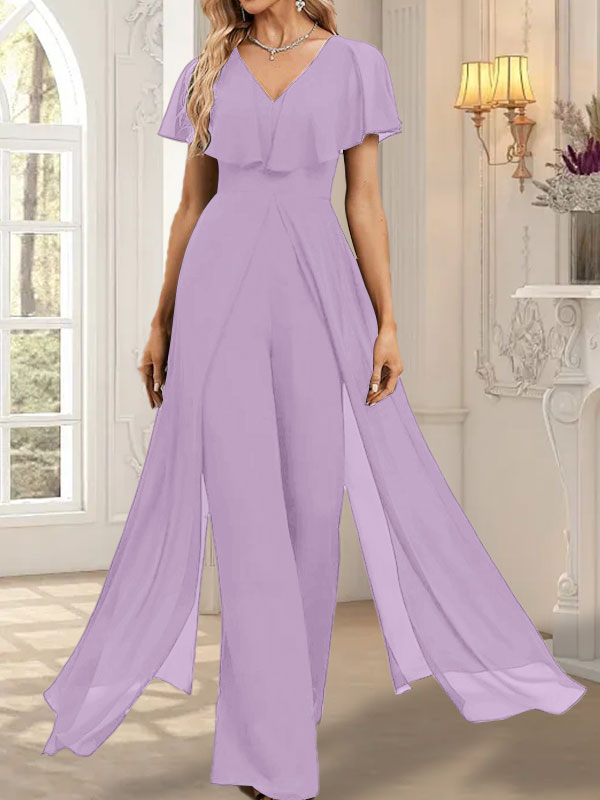 Vestido de noche de gasa con escote en V y largo hasta el suelo, tipo mono/pantalón