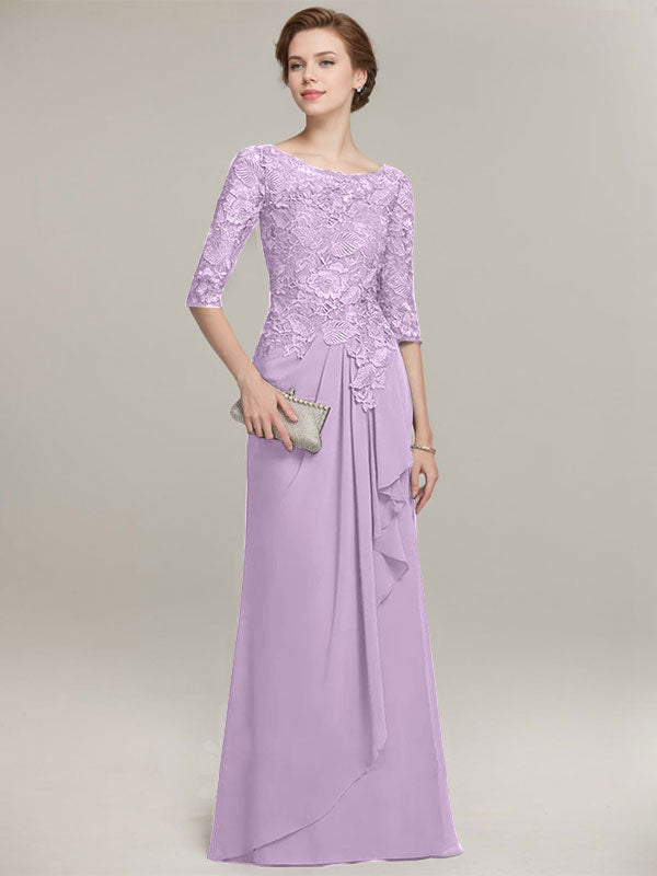 Vestido de gasa con encaje, corte A, escote ilusión, largo hasta el suelo, para madre de la novia con volantes en cascada