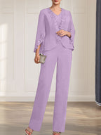 Vestido de gasa para madre de la novia, con escote en V y largo hasta el suelo, de mono/pantalón separado