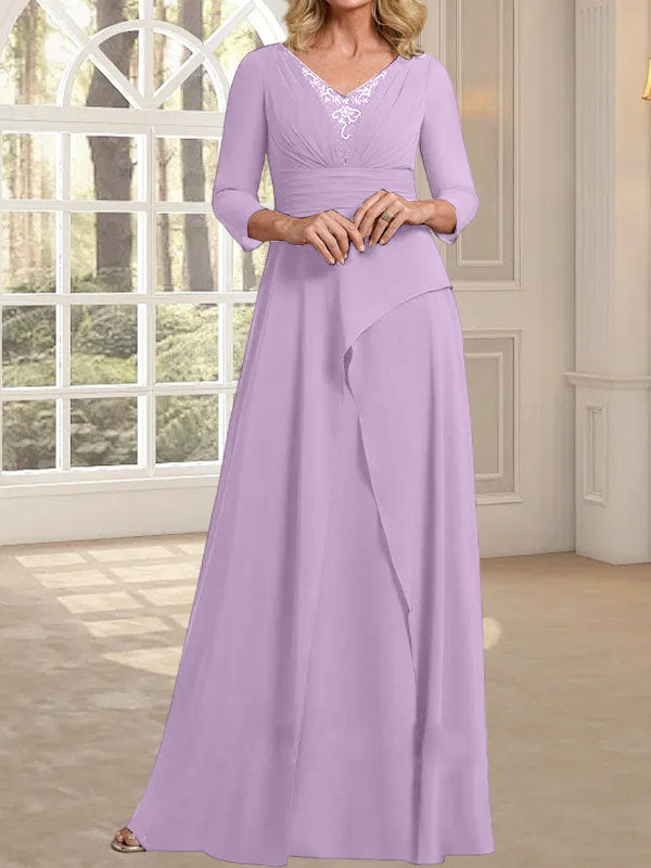 Vestido de gasa para madre de la novia con escote en V, largo hasta el suelo, con pliegues y cuentas