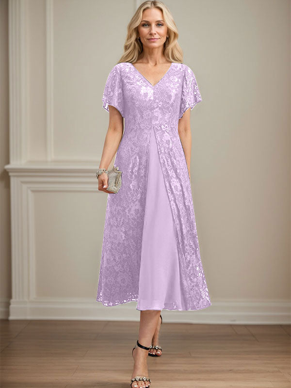 Vestido de gasa con encaje y escote en V para madre de la novia, largo hasta la rodilla
