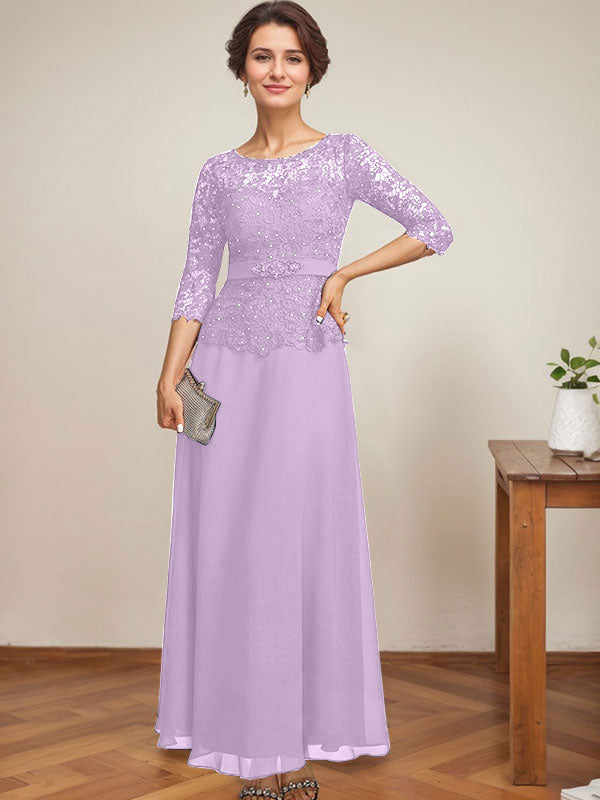 Vestido de gasa con encaje y escote en A, ilusión, largo hasta los tobillos, para madre de la novia con cuentas de diamantes de imitación