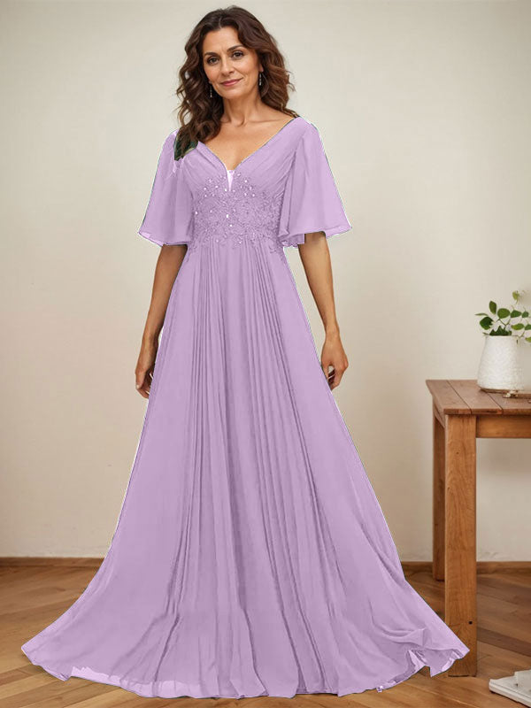 Vestido de gasa para madre de la novia, corte A, escote en V, largo hasta el suelo, con apliques de lentejuelas y encaje plisado