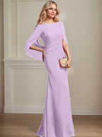 Vestido de madre de la novia de gasa con escote barco, corte trompeta/sirena, largo hasta el suelo, con pliegues