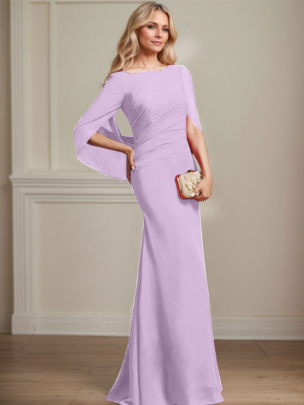 Vestido de madre de la novia de gasa con escote barco, corte trompeta/sirena, largo hasta el suelo, con pliegues