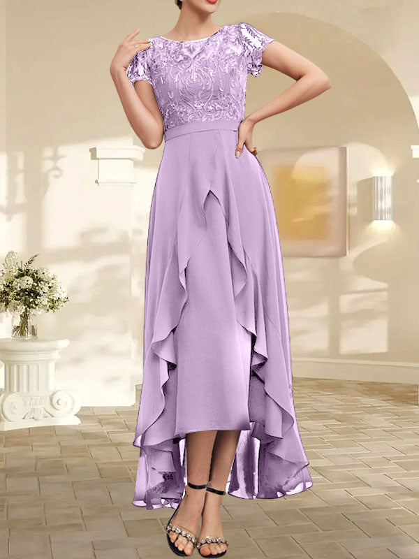 Vestido de madre de la novia de gasa asimétrica con escote en A, ilusión, encaje, lazo, volante y lentejuelas