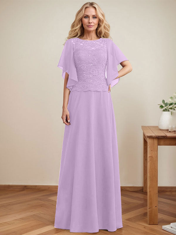 Vestido de gasa con encaje y lentejuelas para madre de la novia, corte A, escote ilusión, largo hasta el suelo