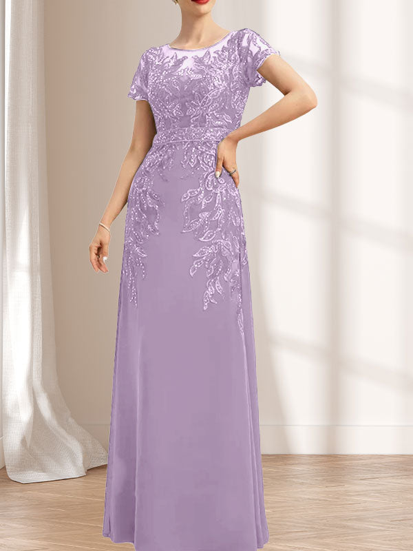 Vestido de madre de la novia de gasa con encaje, escote redondo, ilusión, largo hasta el suelo, con lentejuelas