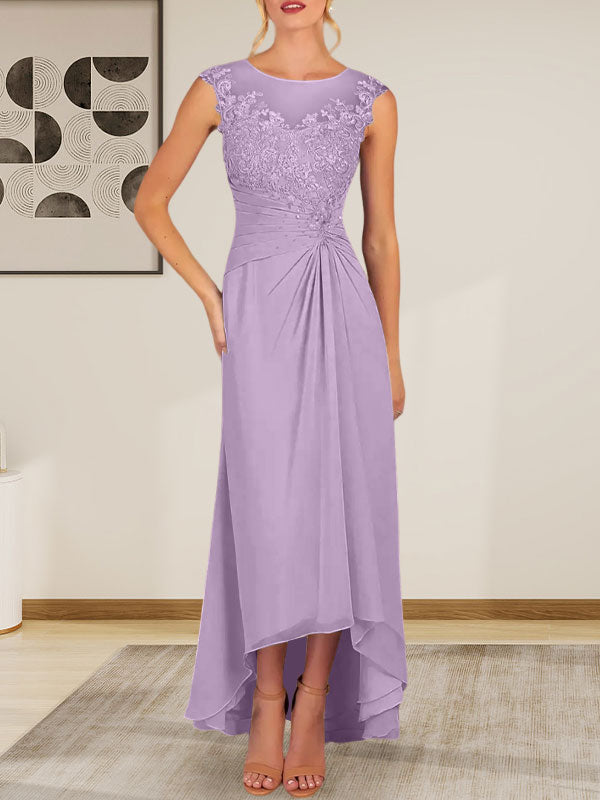 Vestido de gasa con encaje y escote redondo en forma de A color champán