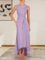 Vestido de gasa con encaje y escote redondo en forma de A color champán