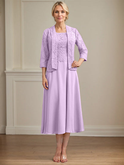 A-line Scoop Tea-Length Lace Chiffon Mother of the Bride Dress