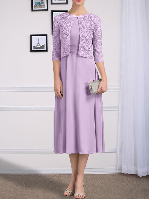 Vestido de gasa para madre de la novia con corte en A, escote redondo y largo hasta la rodilla con pliegues