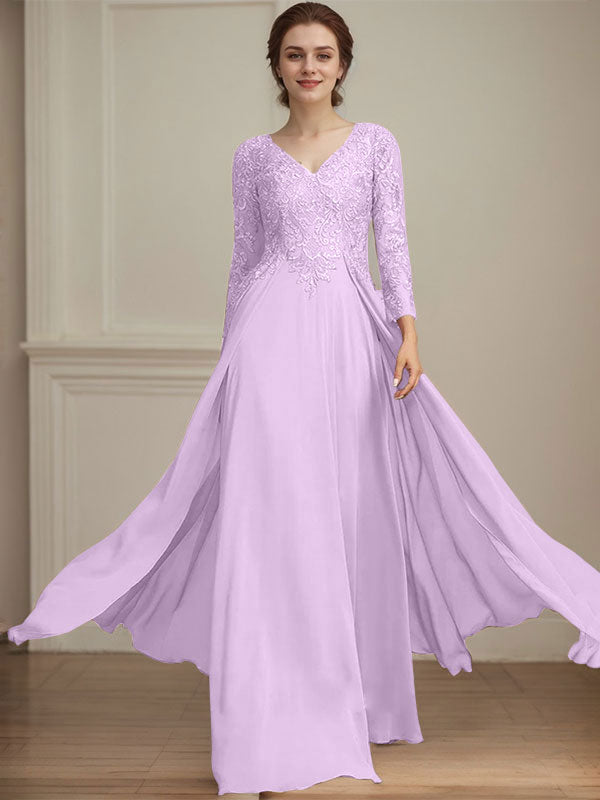 A-Linie V-Ausschnitt Bodenlanges Spitzen-Chiffon-Kleid für die Brautmutter mit Pailletten 