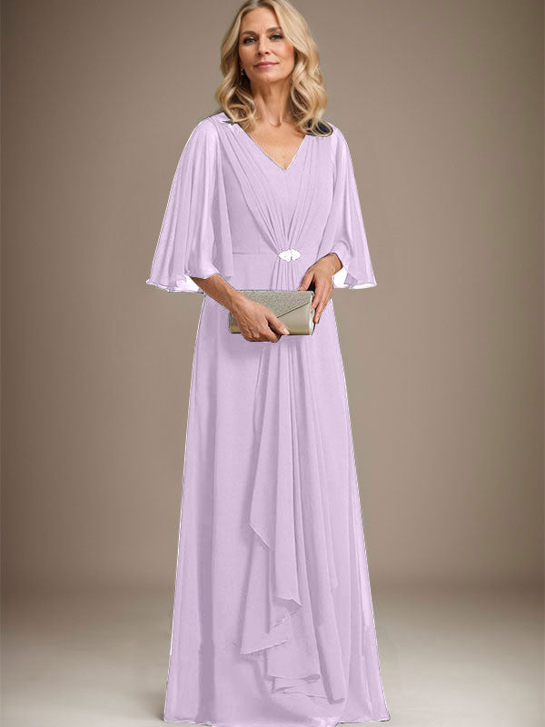 Vestido de gasa para madre de la novia, corte A, escote en V, largo hasta el suelo, con volantes en cascada y broche de cristal