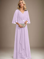 Vestido de gasa para madre de la novia, corte A, escote en V, largo hasta el suelo, con volantes en cascada y broche de cristal