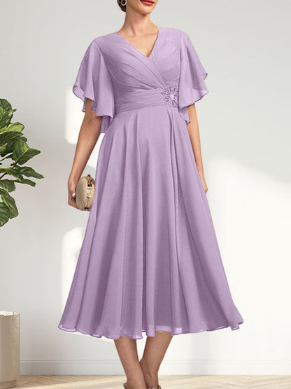 A-line V-Neck Tea-Length Chiffon Mother of the Bride Dress With Pleated Beading