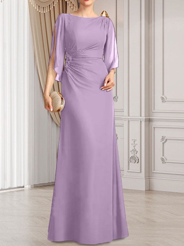 Vestido de gasa para madre de la novia con corte tubo/columna, escote redondo y largo hasta el suelo, con cuentas plisadas