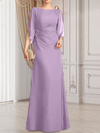 Vestido de gasa para madre de la novia con corte tubo/columna, escote redondo y largo hasta el suelo, con cuentas plisadas