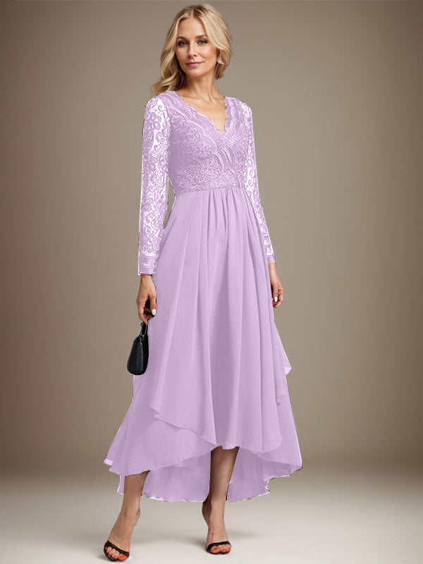 Vestido de madre de la novia de gasa con encaje asimétrico, escote en V y corte A