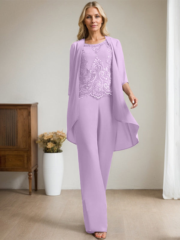 Vestido de madre de la novia de gasa con encaje, escote redondo y lentejuelas y mono/pantalón separado