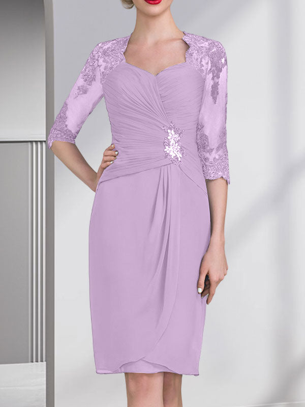 Vestido de gasa para madre de la novia con escote corazón, largo hasta la rodilla, con apliques de cuentas, encaje y lentejuelas plisado.