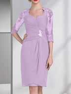 Vestido de gasa para madre de la novia con escote corazón, largo hasta la rodilla, con apliques de cuentas, encaje y lentejuelas plisado.