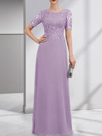 Vestido de gasa con encaje y lentejuelas para madre de la novia, corte A, largo hasta el suelo