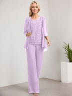 Vestido de madre de la novia de gasa con encaje, largo hasta el suelo, con lentejuelas y mono/pantalón separado