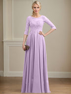 Vestido de gasa con encaje y lentejuelas para madre de la novia, corte A, escote ilusión, largo hasta el suelo