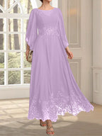 Vestido de gasa con encaje y lentejuelas para madre de la novia, corte A, escote ilusión, largo hasta los tobillos