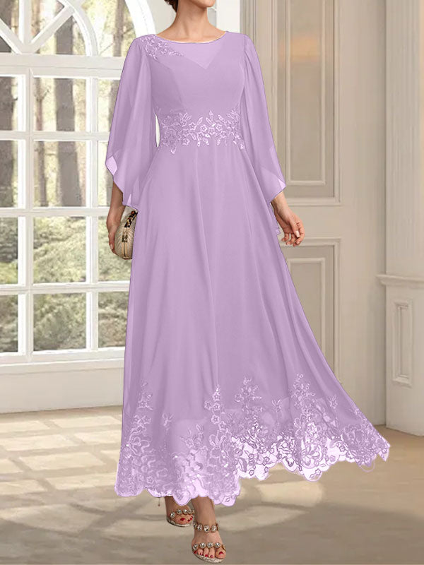Vestido de gasa con encaje y lentejuelas para madre de la novia, corte A, escote ilusión, largo hasta los tobillos