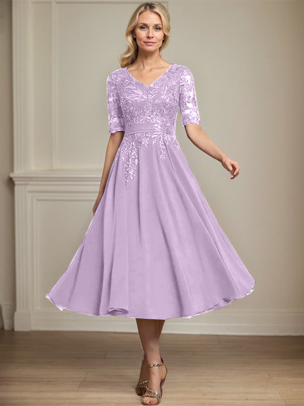 Vestido de gasa con encaje y lentejuelas para madre de la novia, corte A, escote en V y largo hasta la rodilla
