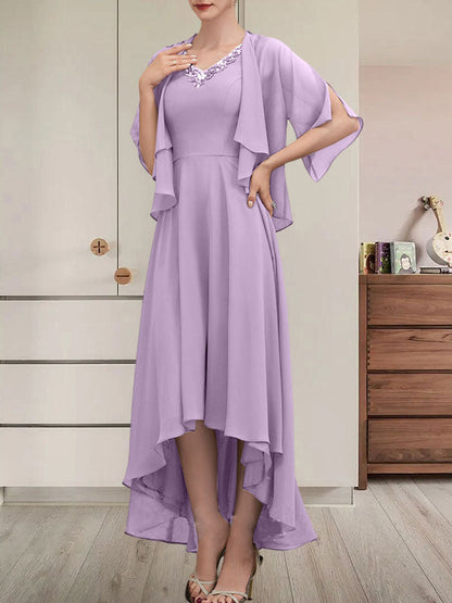 A-Linien-Kleid mit V-Ausschnitt, asymmetrischem Chiffon für die Brautmutter mit Perlen und Pailletten