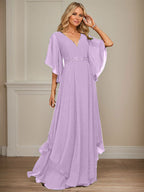 Vestido de gasa para madre de la novia, corte A, escote en V, largo hasta el suelo, con apliques de lentejuelas, encaje y abalorios