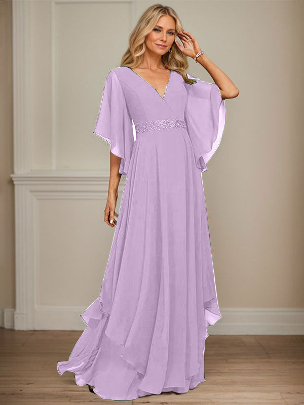Vestido de gasa para madre de la novia, corte A, escote en V, largo hasta el suelo, con apliques de lentejuelas, encaje y abalorios
