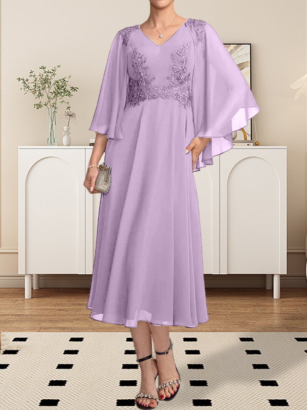 A-Linie V-Ausschnitt Wadenlanges Chiffon-Spitzenkleid für die Brautmutter mit Perlen und Pailletten
