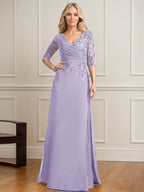 A-Linien-Kleid mit V-Ausschnitt, bodenlangem Spitzenchiffon und plissierten Pailletten 