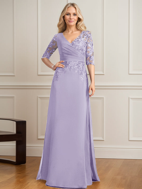 Vestido de madre de la novia de gasa con encaje, escote en V y lentejuelas plisadas hasta el suelo