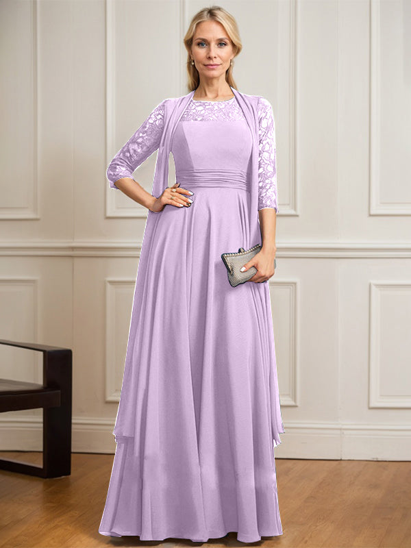 Vestido de gasa de encaje con ilusión de corte A hasta el suelo para madre de la novia con pliegues